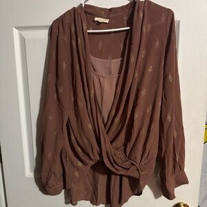 Mystree Mauve Brown Draped Knot Front Blouse with Gold Foil